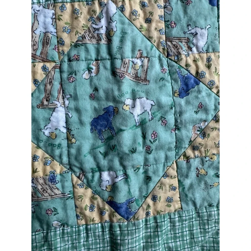Vintage Baa Baa Black Sheep Baby Quilt‎ Blanket Green Yellow Plaid Nursery 39x39